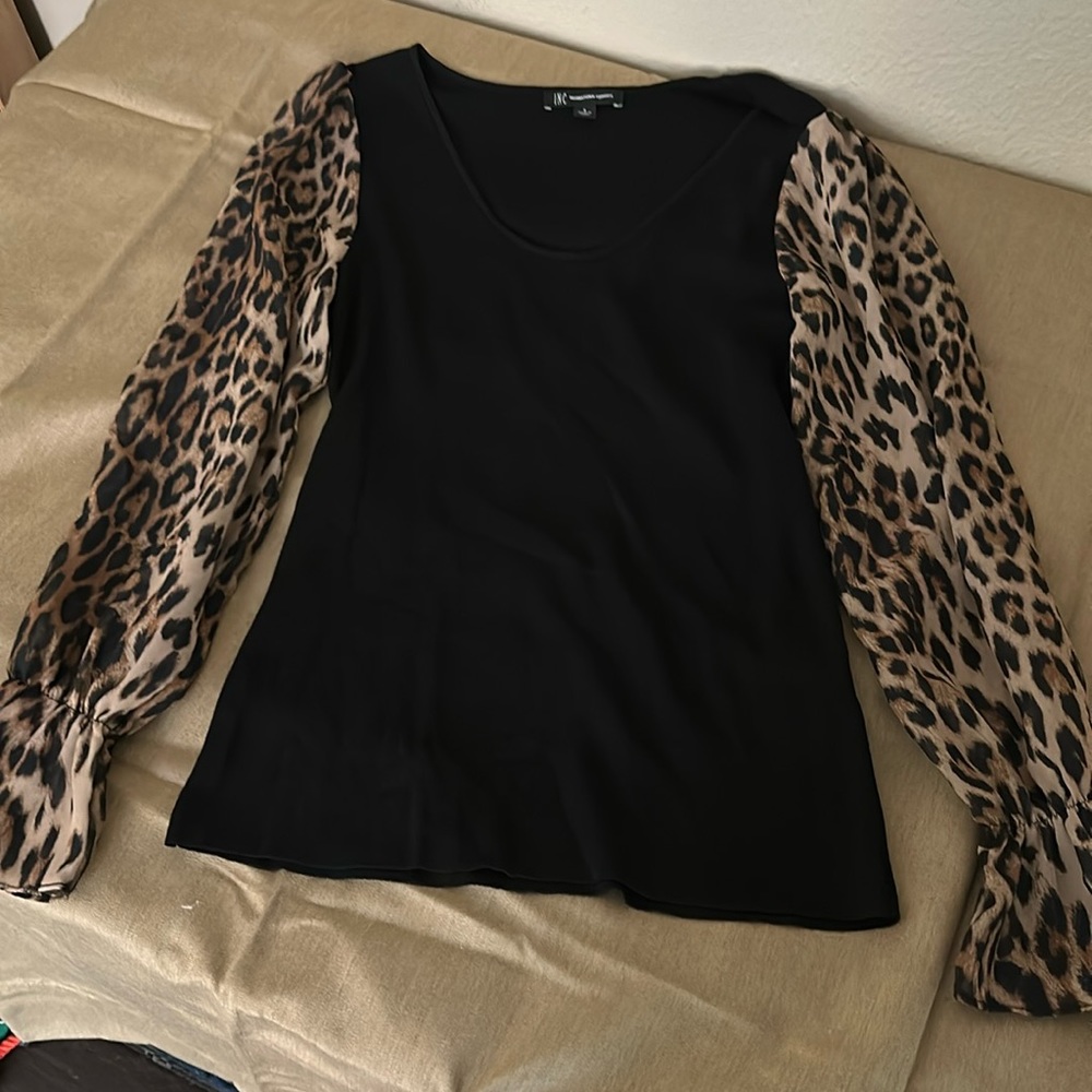 INC mixed media cute long sleeve black with leopard print sleeves.